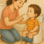 Ilustrasi seorang ibu mengarkan toilet training pada anak melalui AI