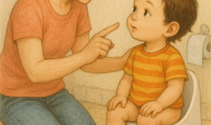 Ilustrasi seorang ibu mengarkan toilet training pada anak melalui AI