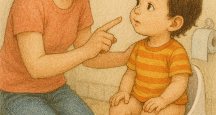 Ilustrasi seorang ibu mengarkan toilet training pada anak melalui AI