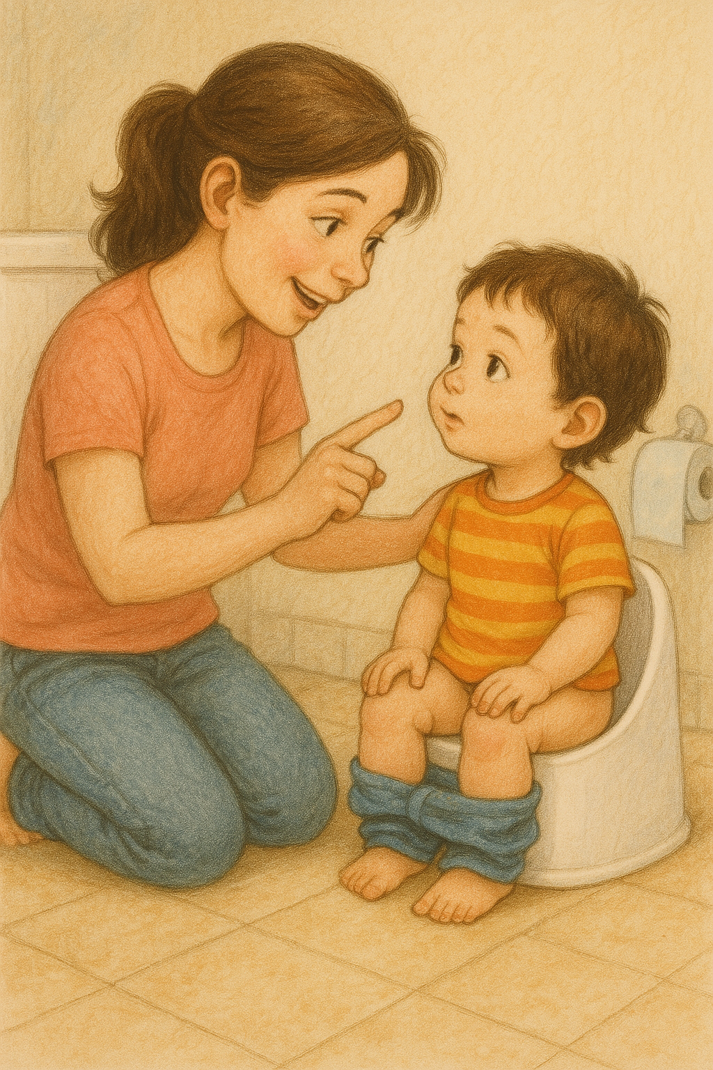 Ilustrasi seorang ibu mengarkan toilet training pada anak melalui AI